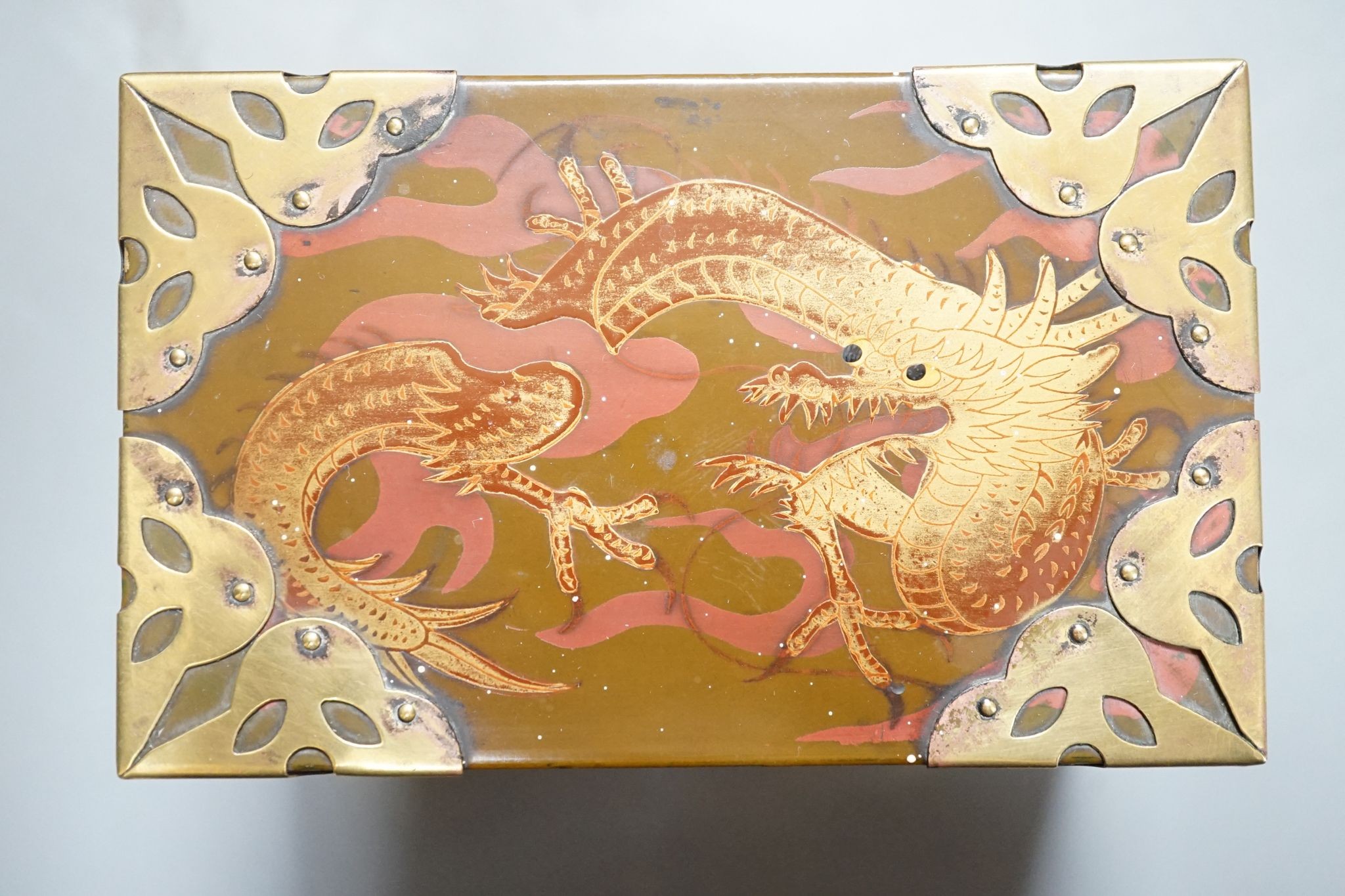 A MahJong set and a Chinese brass mounted card case., MahJong set, 15.5 cms high x 23.5 cms wide.